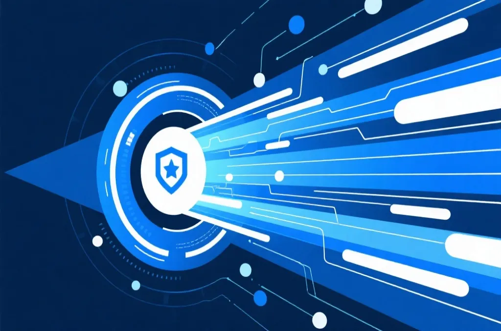 An abstract illustration depicting high-speed secure network connection and data transmission, blue and white tones
