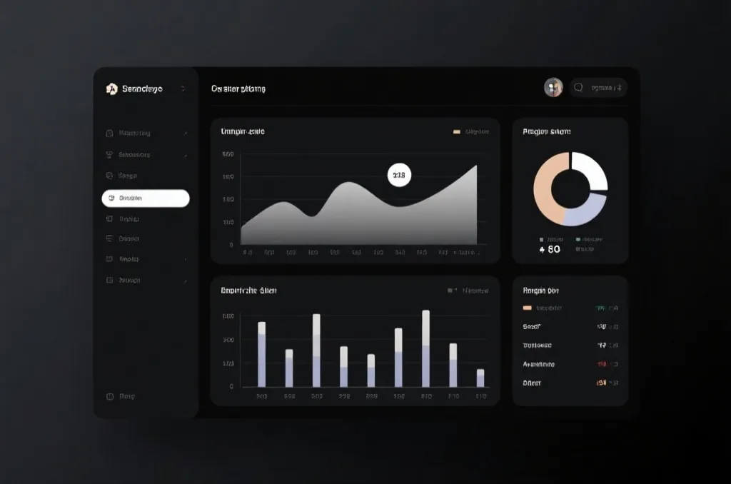 Sleek dark mode data visualization dashboard with abstract graphs